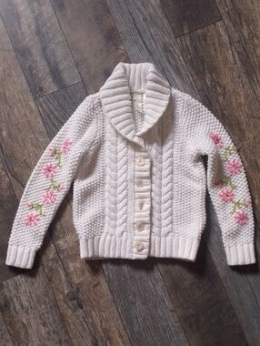 Strawberry Fairy White Cable Knit Girls Cardigan With Hand Embroidered Flowers